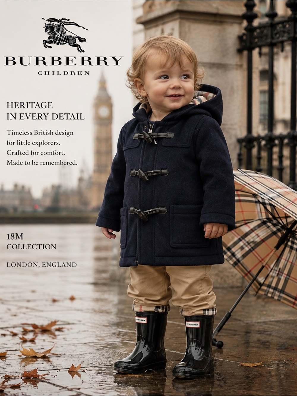Burberry Children 18M Navy Wool Duffle Coat Check Lined Unisex Baby